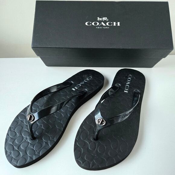 Coach NEW Abbigail Signature Turnlock Black Flip Flop Sandal Rubber Size 7 Gift - Picture 2 of 14